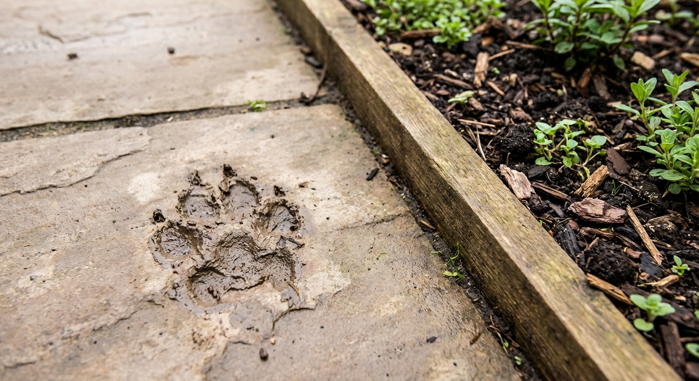 A real muddy paw print on a patio near a garden bed