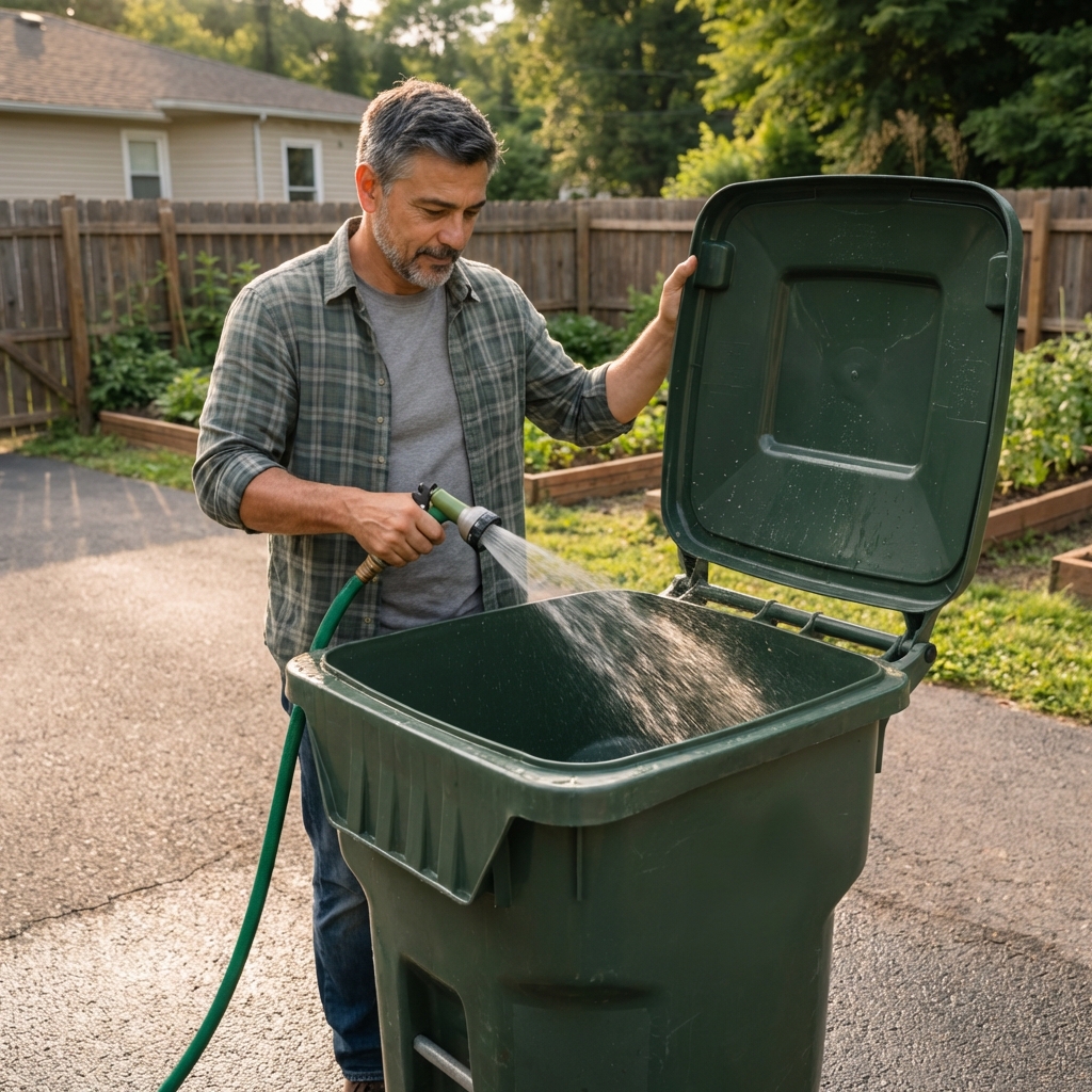 A real outdoor trash bin with the lid open while someone sprays the inside with a hose on a driveway