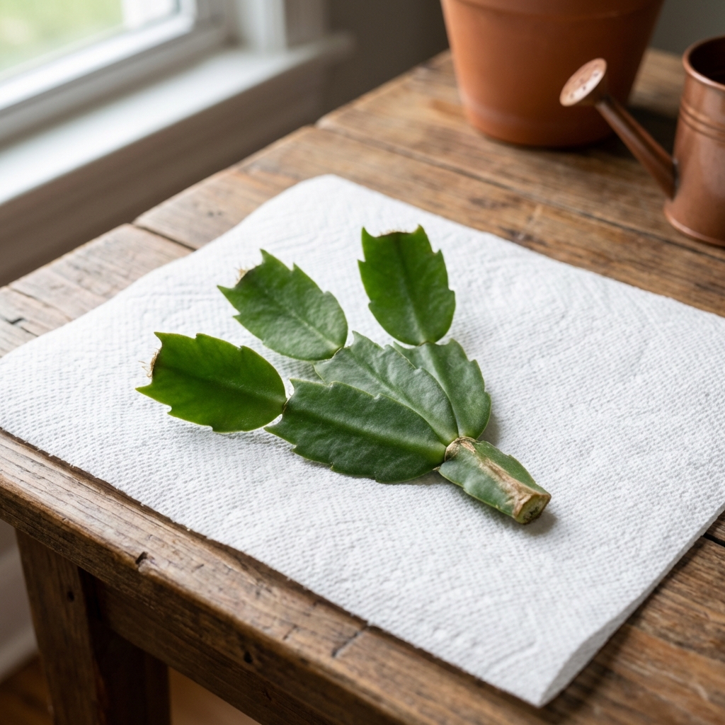 A real photo of a Christmas cactus cutting with several segments lying on a clean paper towel indoors