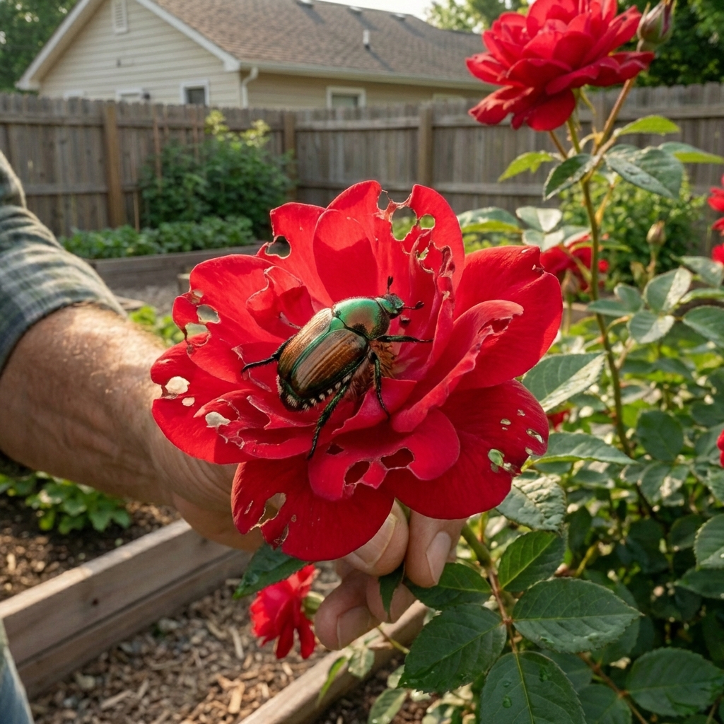A real photo of a Japanese beetle sitting on a rose bloom with visible petal damage