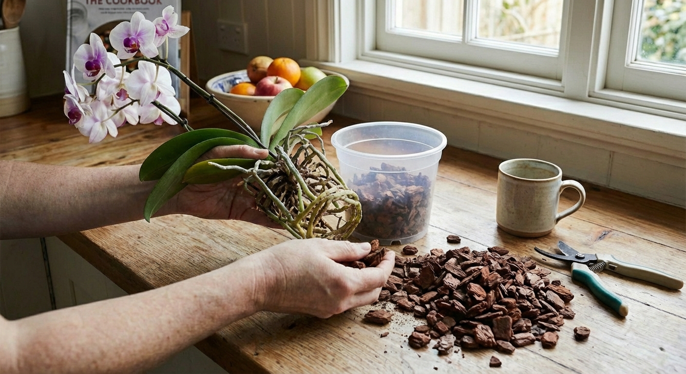 A real photo of a Phalaenopsis orchid being placed into a clear pot while chunky bark is added around the roots