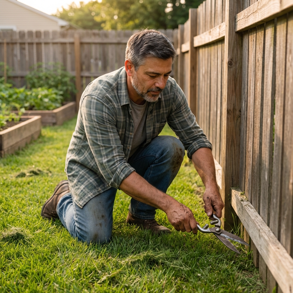 A real photo of a backyard lawn edge being trimmed with hand shears near a fence line