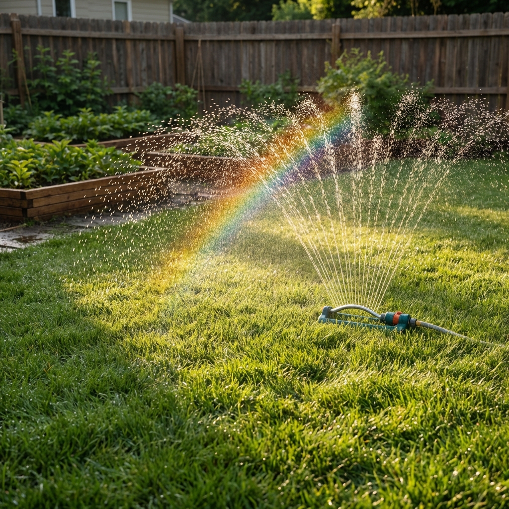 A real photo of a backyard lawn with a sprinkler running in early morning light