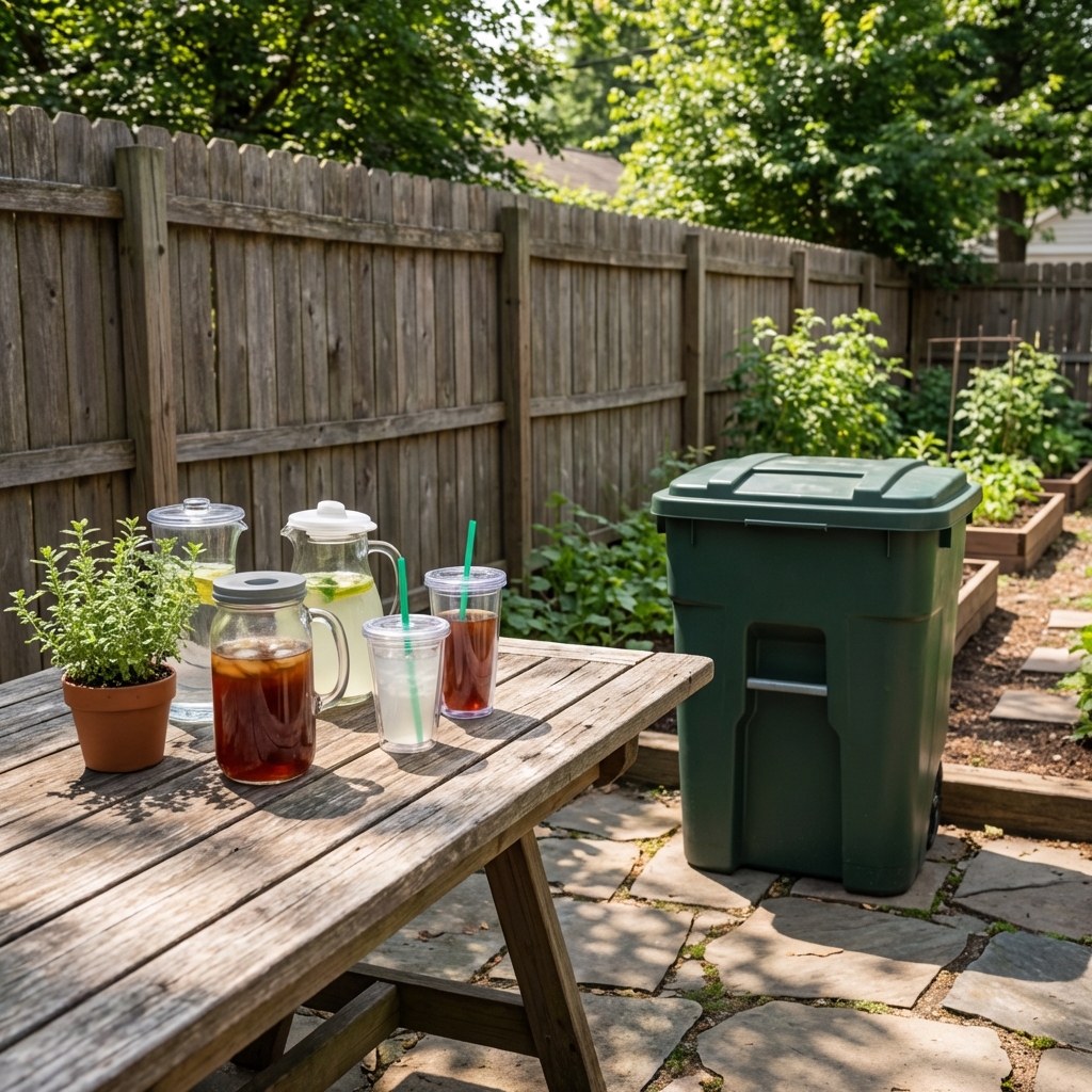A real photo of a backyard patio table with covered drinks and a closed trash bin nearby