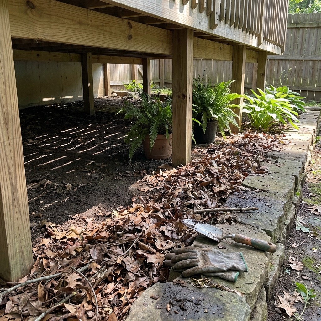 A real photo of a backyard shaded area under a wooden deck with leaf litter along the edge