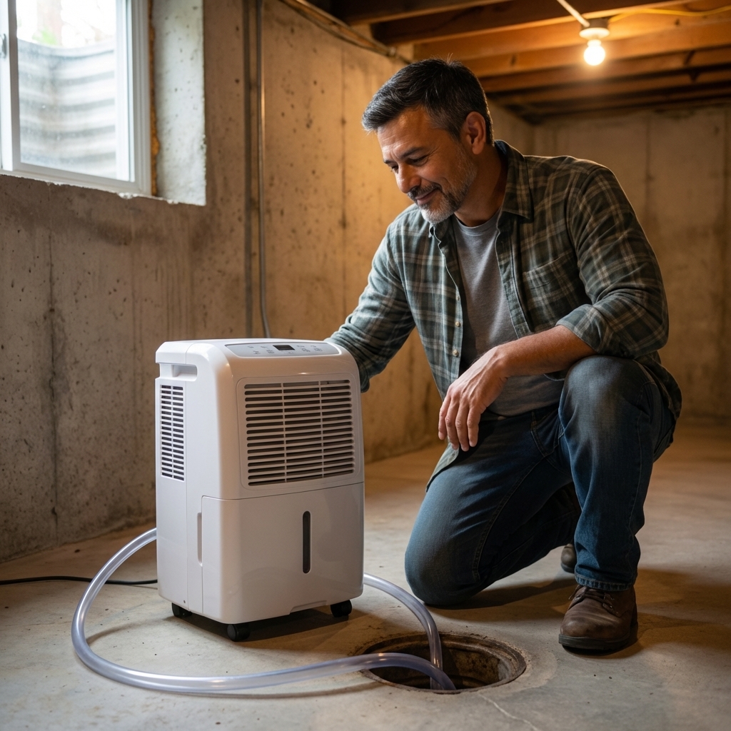 A real photo of a basement dehumidifier running next to a floor drain