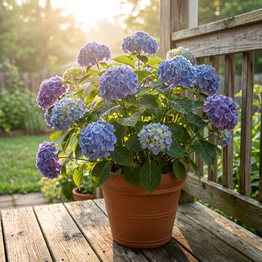A real photo of a blooming hydrangea in a large patio container on a porch with morning light