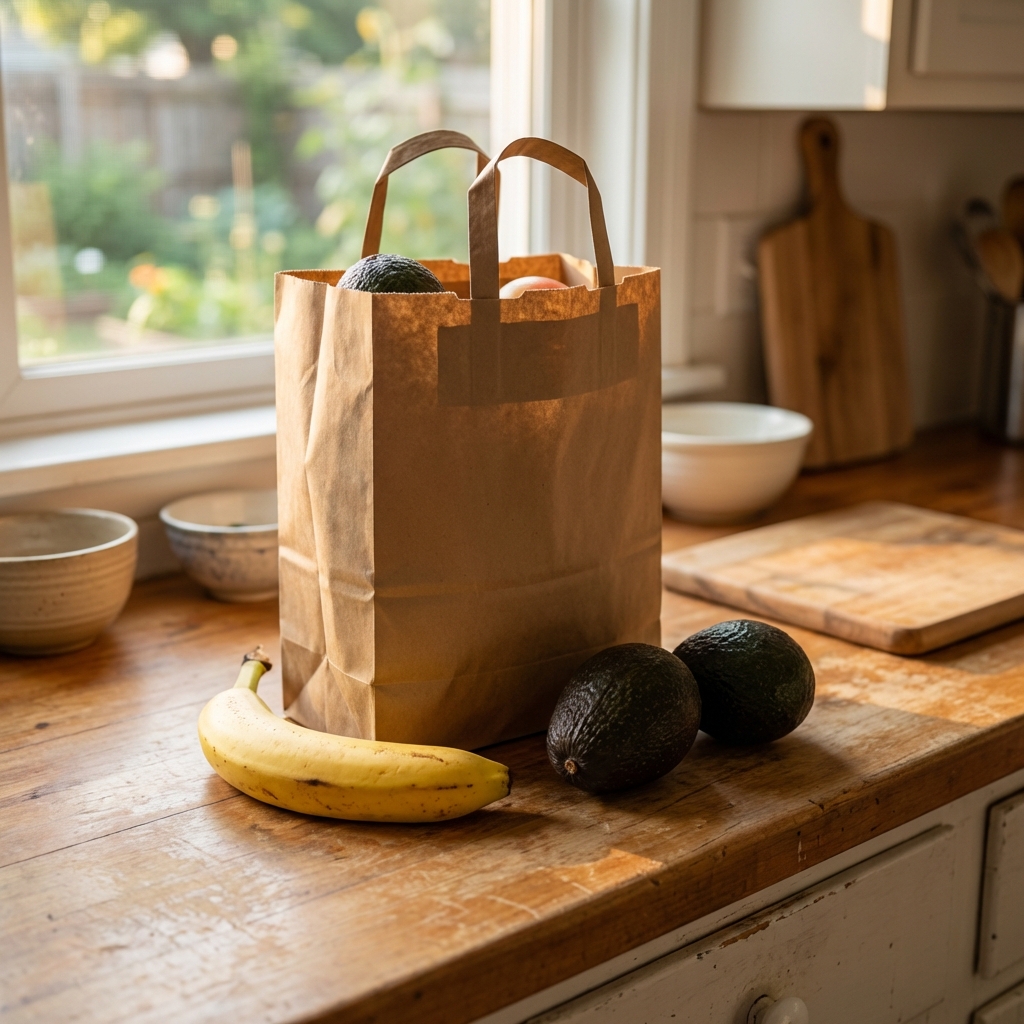 A real photo of a brown paper bag on a kitchen counter with a banana and avocados next to it