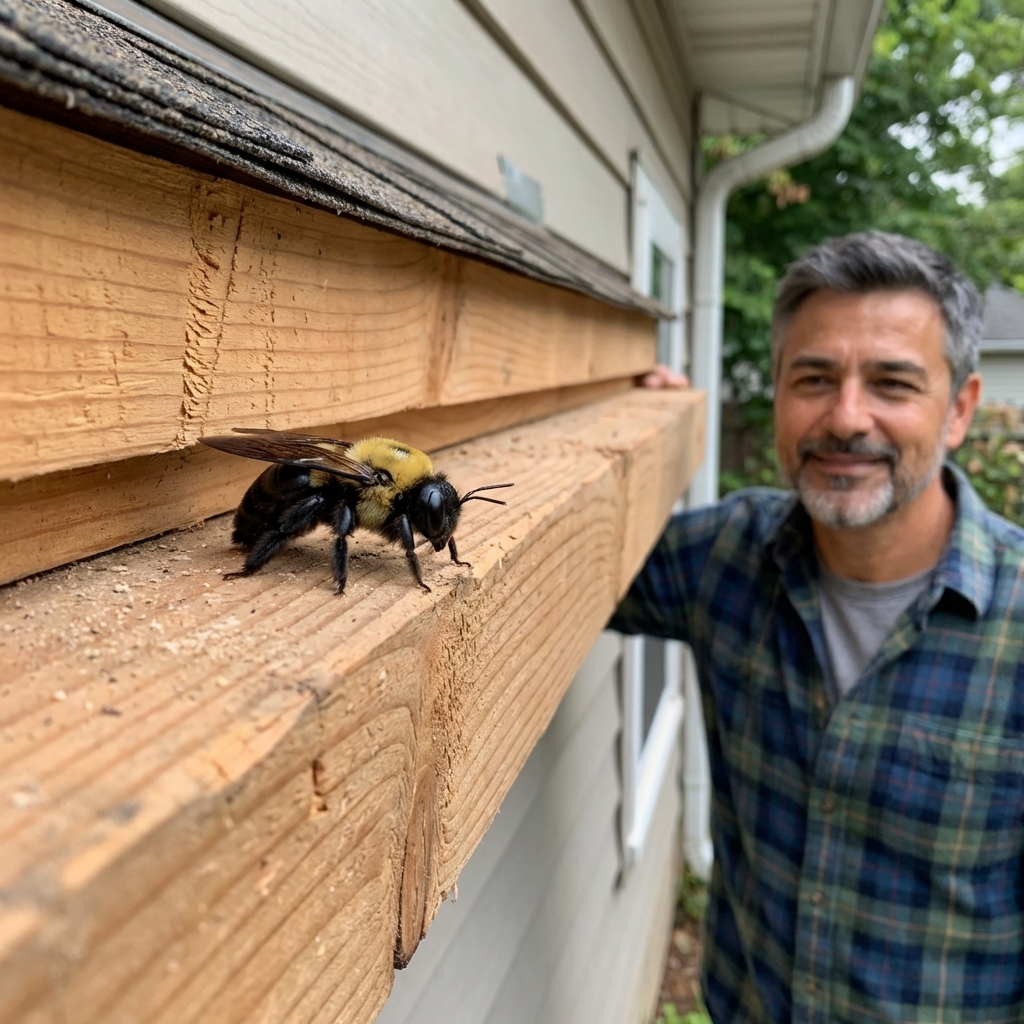 A real photo of a carpenter bee resting on an unfinished wooden beam near a house eave