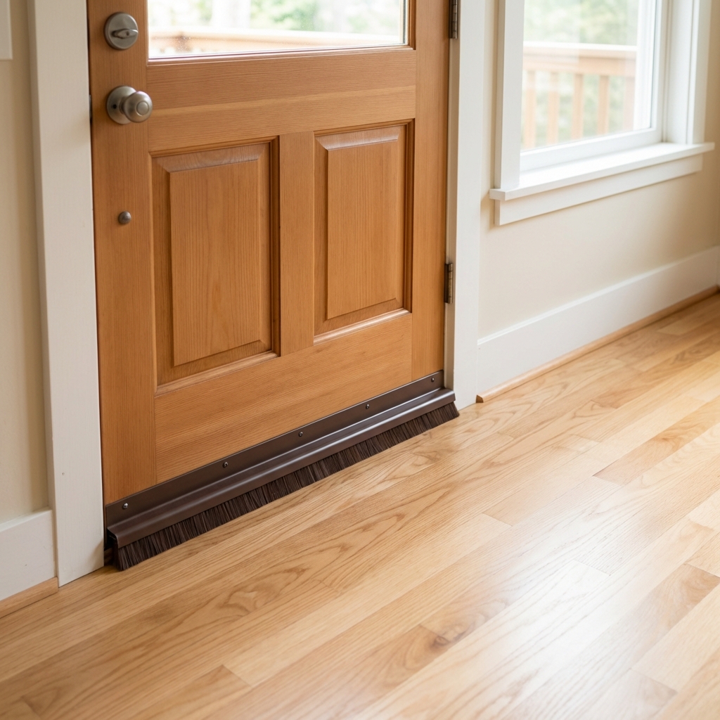 A real photo of a clean kitchen floor area with a door sweep installed on an exterior door