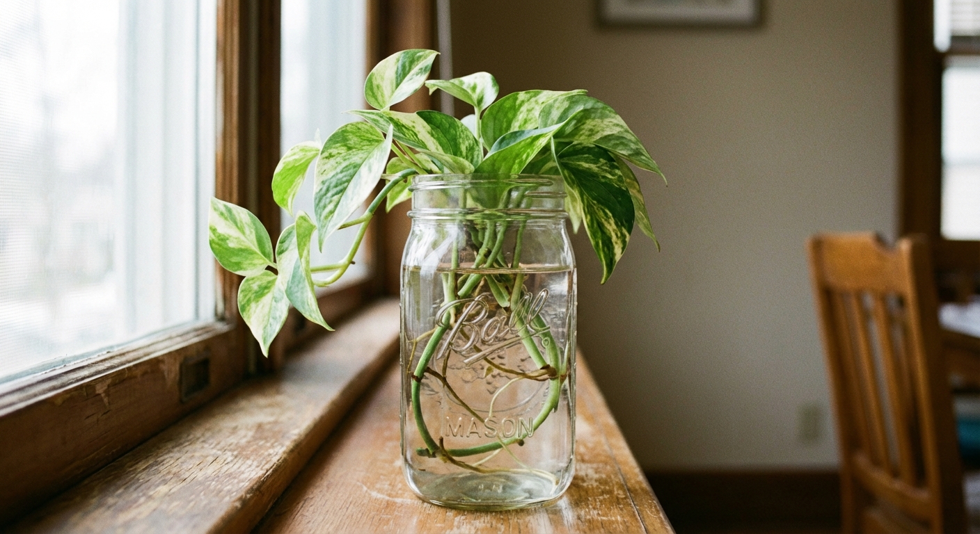 A real photo of a clear glass jar with several pothos cuttings, nodes submerged and leaves above the rim, placed on a windowsill with soft indirect daylight and a neutral indoor background