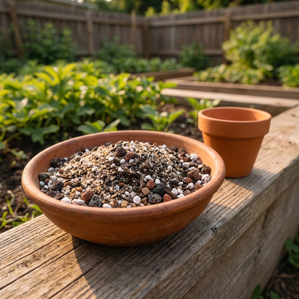 A real photo of a close-up bowl of gritty succulent soil mix with pumice or perlite next to a small empty pot