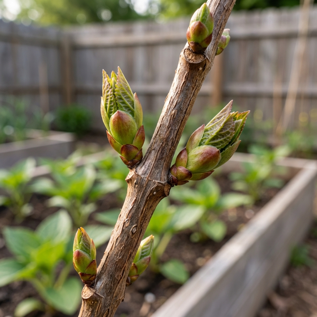 A real photo of a close-up hydrangea stem showing swollen buds starting to break in early spring
