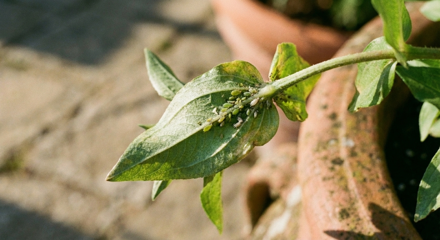 A real photo of a close-up zinnia leaf with a small cluster of aphids on the stem