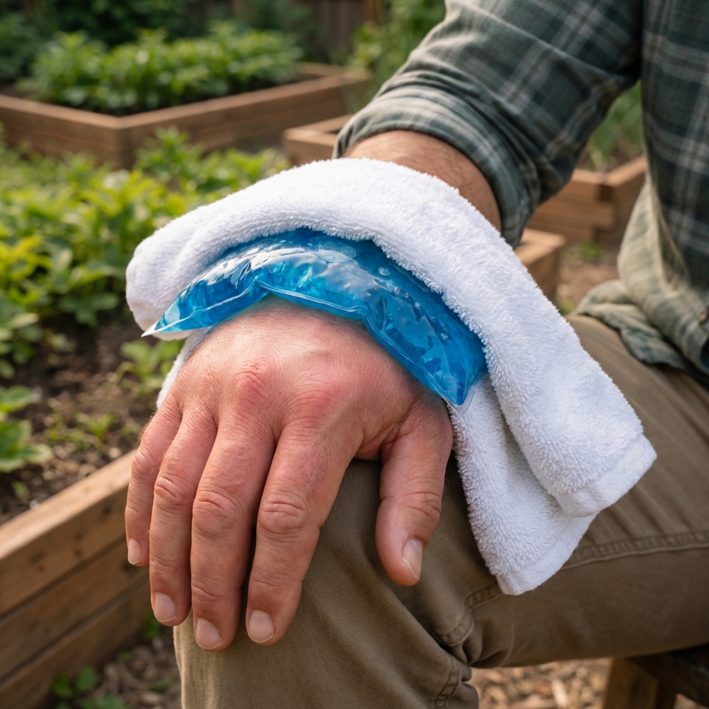 A real photo of a cold pack wrapped in a towel resting on a swollen hand