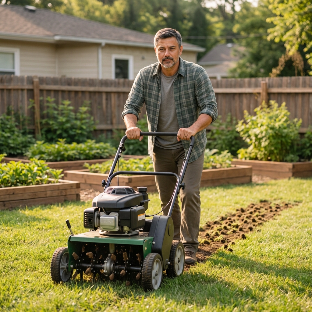 A real photo of a core aerator pulling plugs from a lawn on a mild day