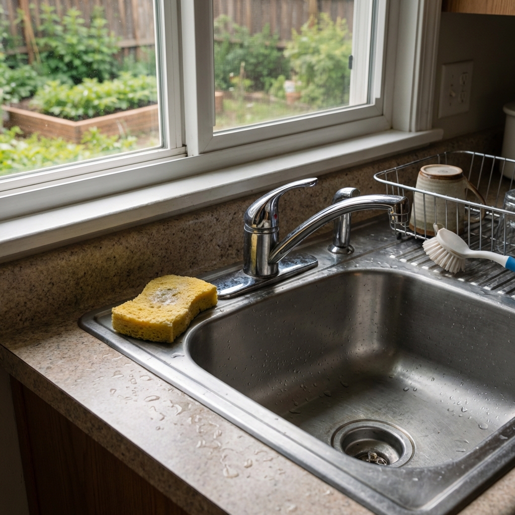 A real photo of a damp kitchen sink area with a sponge beside the faucet and water droplets on the counter