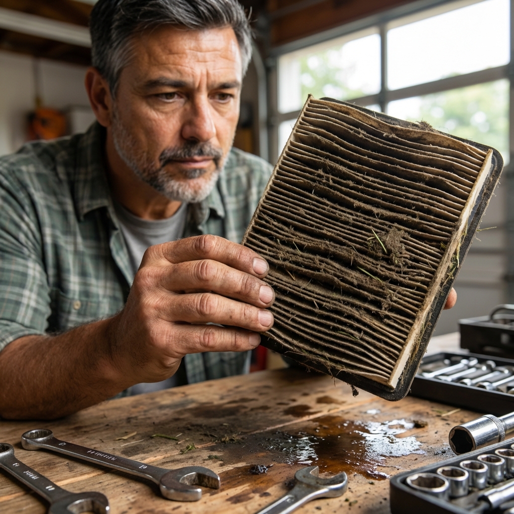A real photo of a dirty paper lawn mower air filter being held above a workbench