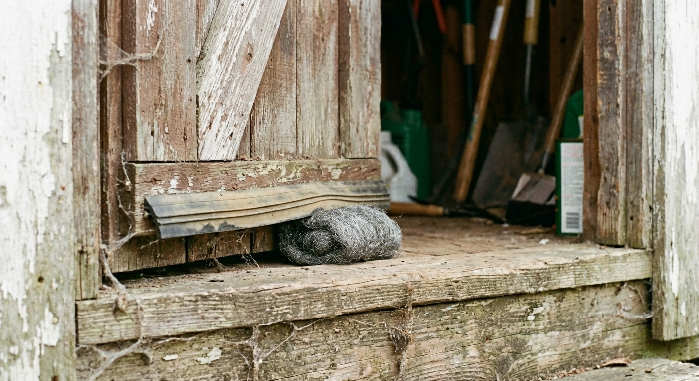 A real photo of a garden shed doorway with weather stripping and steel wool visible at a small gap near the threshold