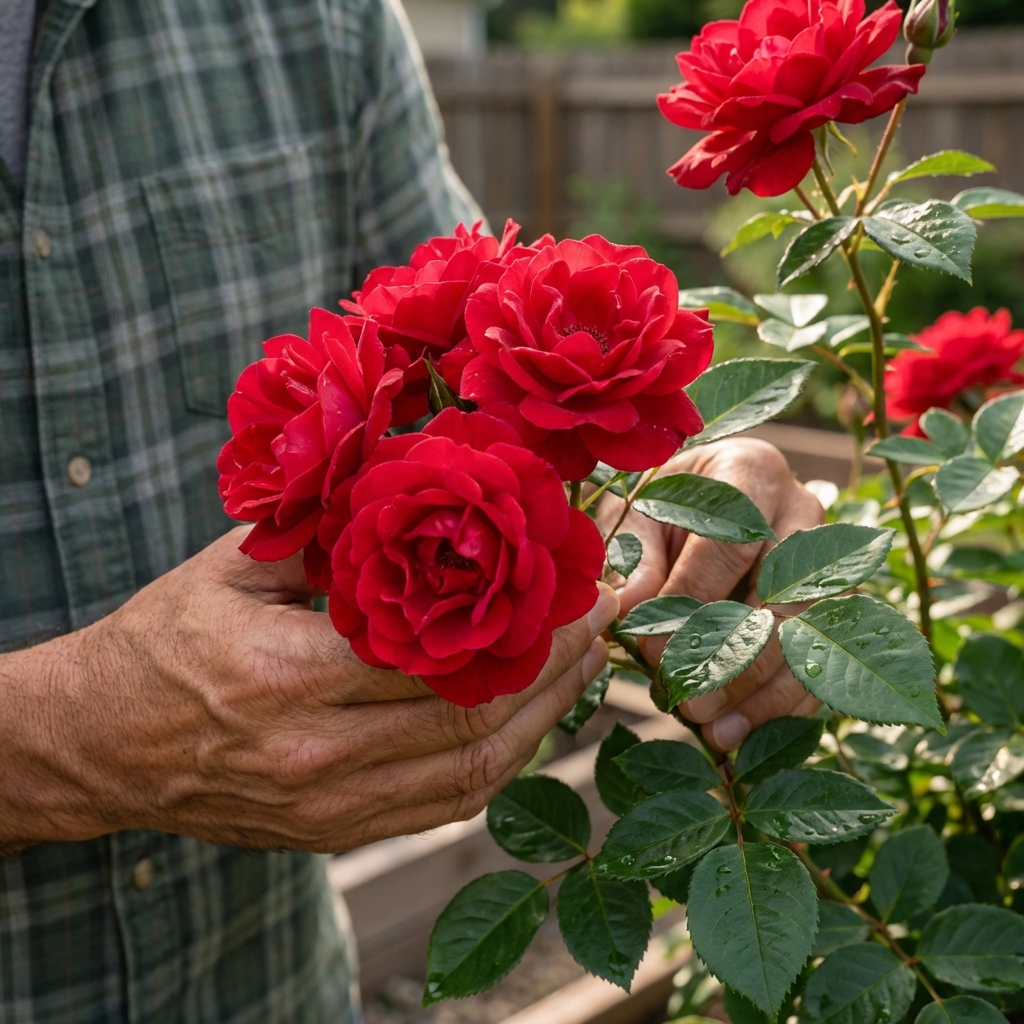 A real photo of a gardener holding a rose bloom cluster and a leaf stem up close to show flower form and glossy leaves