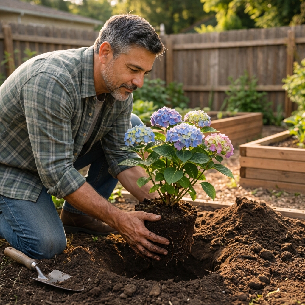 A real photo of a gardener placing a young hydrangea shrub into a freshly dug hole in a backyard garden bed