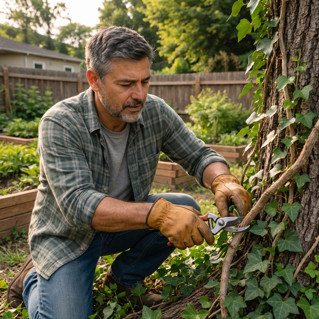 A real photo of a gardener wearing gloves cutting thick English ivy vines at the base of a tree trunk with hand pruners