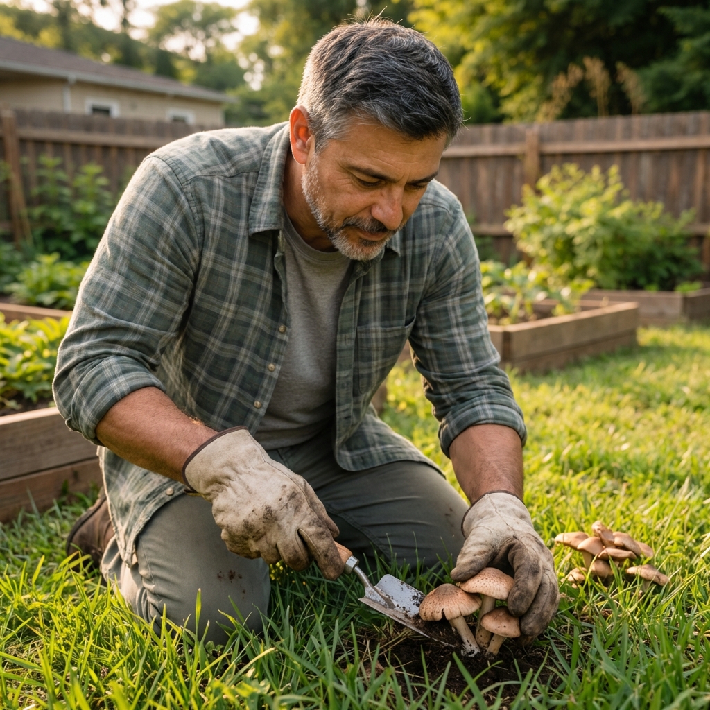 A real photo of a gardener wearing gloves lifting mushrooms from grass with a small hand trowel