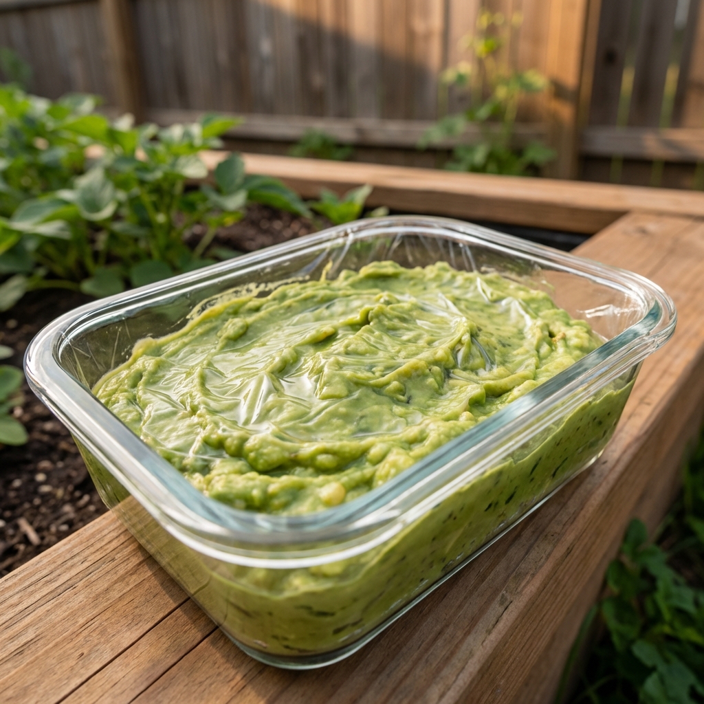 A real photo of a glass food storage container holding mashed avocado with plastic wrap pressed against the surface