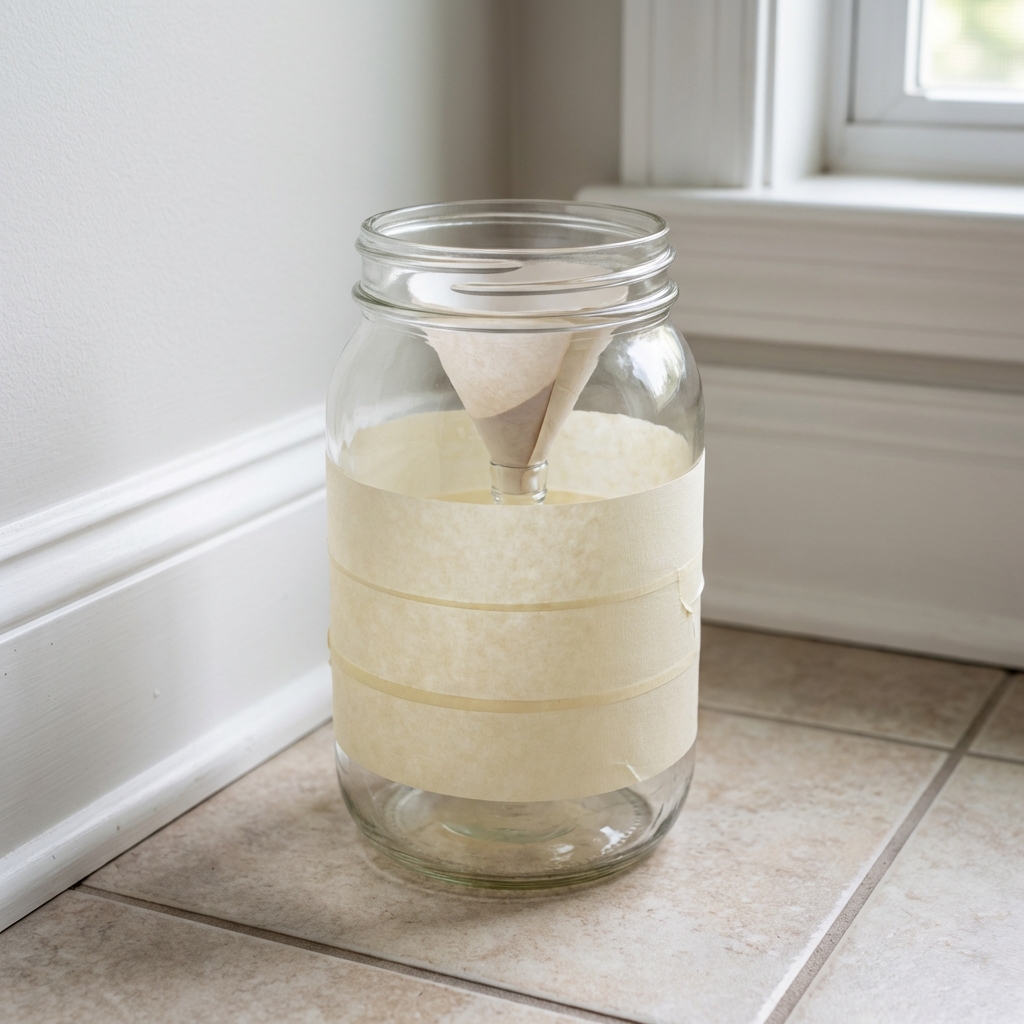 A real photo of a glass jar trap with masking tape around the outside sitting on a bathroom floor near a wall