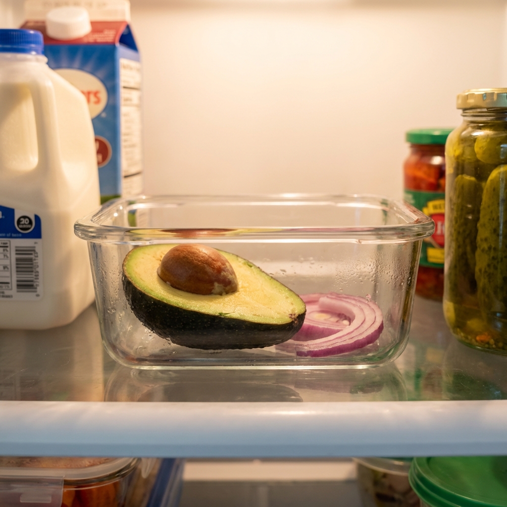 A real photo of a halved avocado in a glass food container in a refrigerator, with a few slices of red onion nearby in the same container