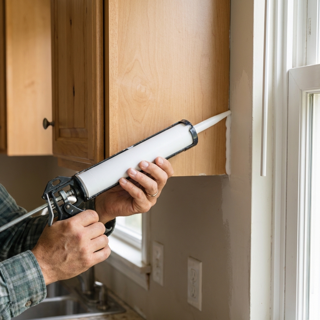 A real photo of a hand applying silicone caulk along a gap where a kitchen cabinet meets the wall