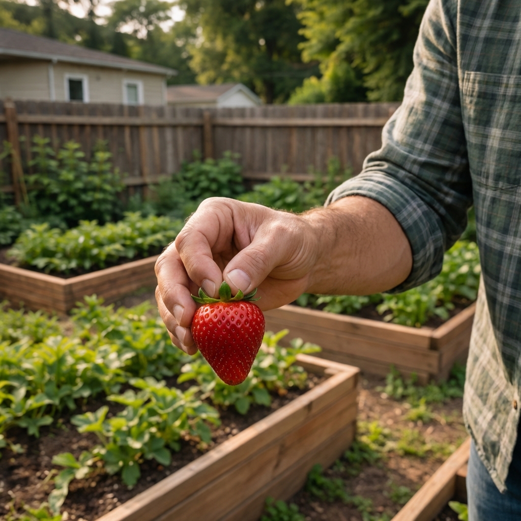 A real photo of a hand holding a ripe strawberry by the green cap in a garden bed