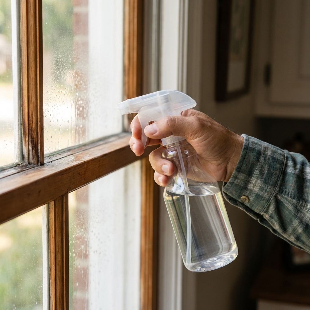 A real photo of a hand holding a spray bottle filled with clear vinegar solution aimed at a window corner