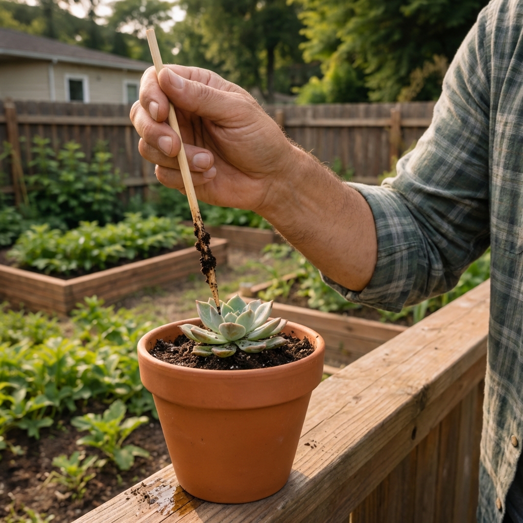 A real photo of a hand holding a wooden skewer next to a small succulent pot during a soil moisture check