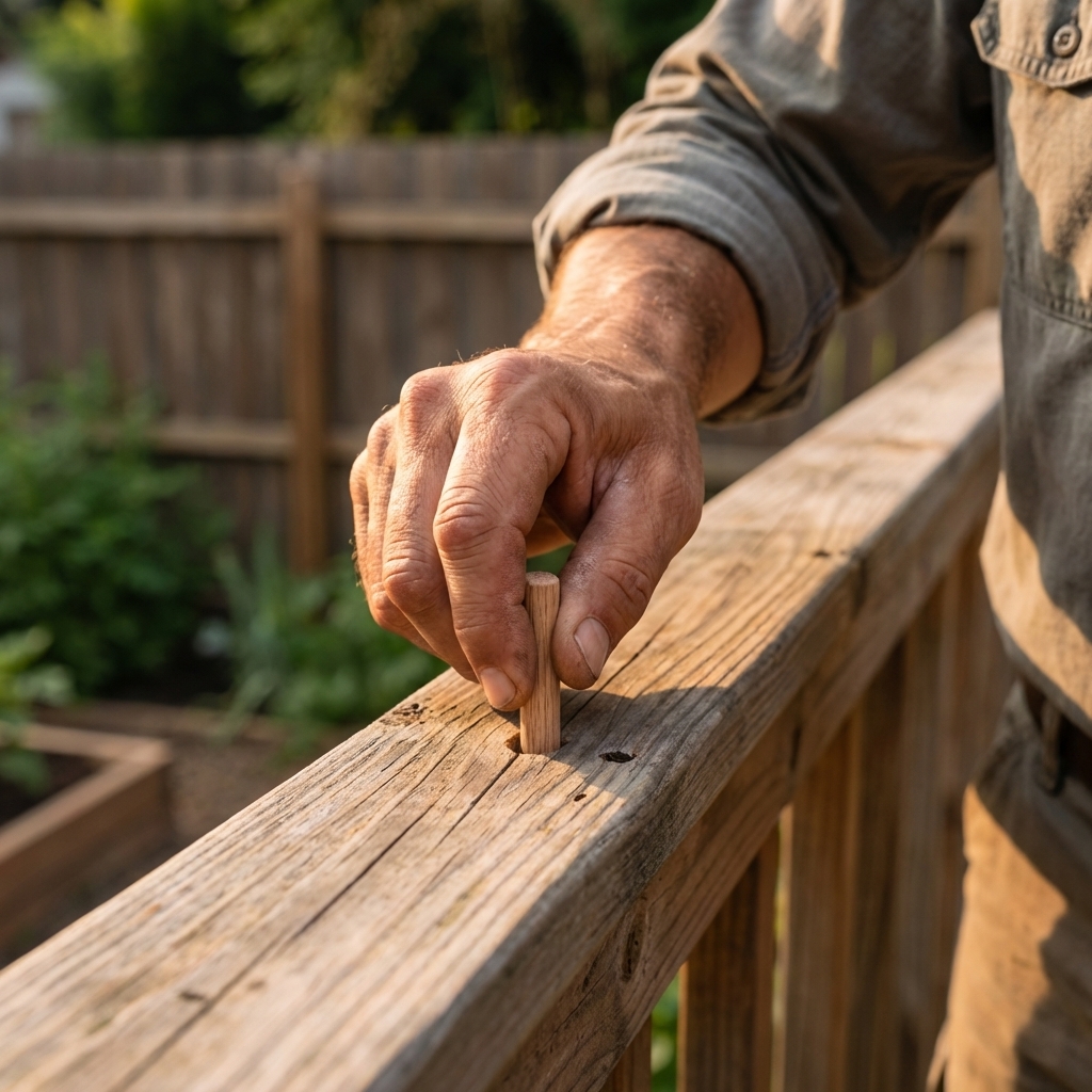 A real photo of a hand pressing a small hardwood dowel into a round hole in a wooden railing