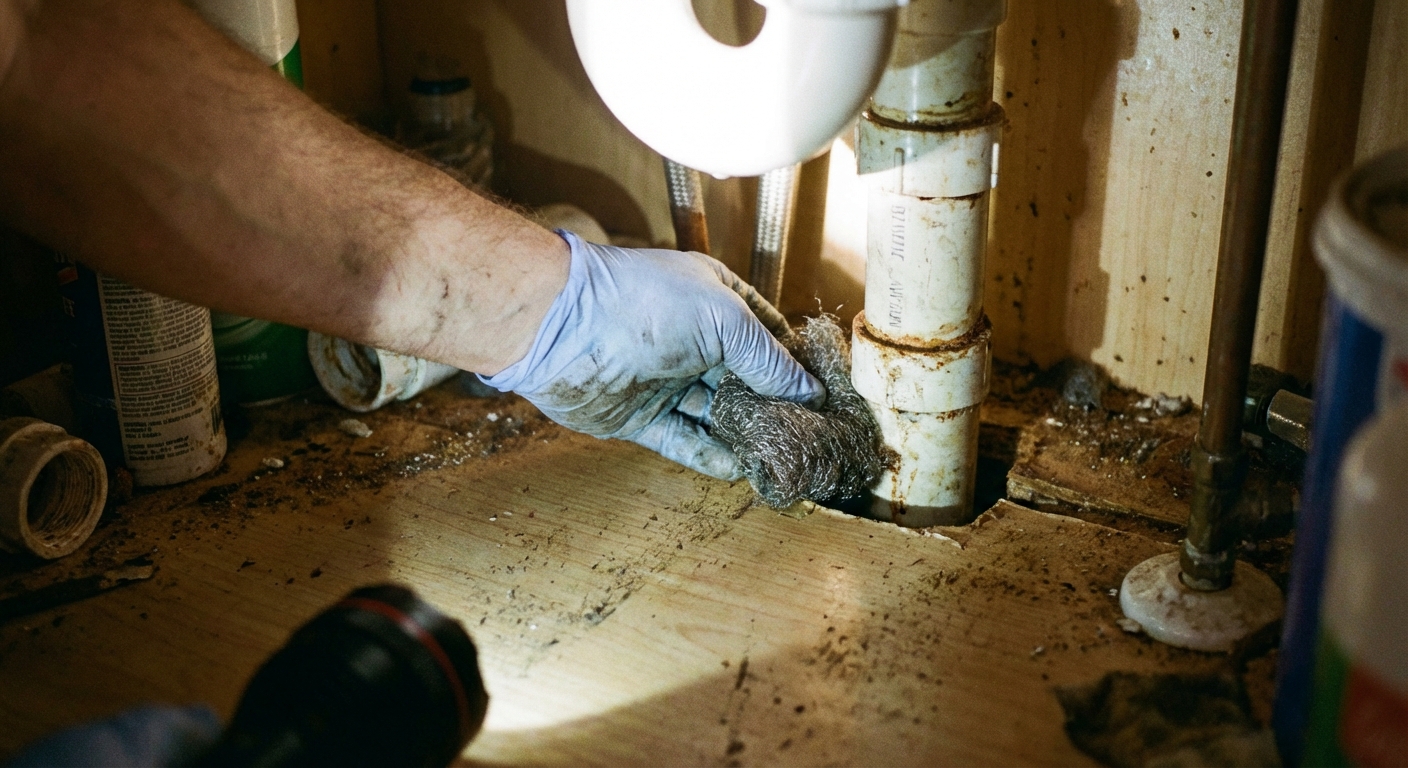 A real photo of a hand using steel wool to fill a gap around a pipe under a kitchen sink