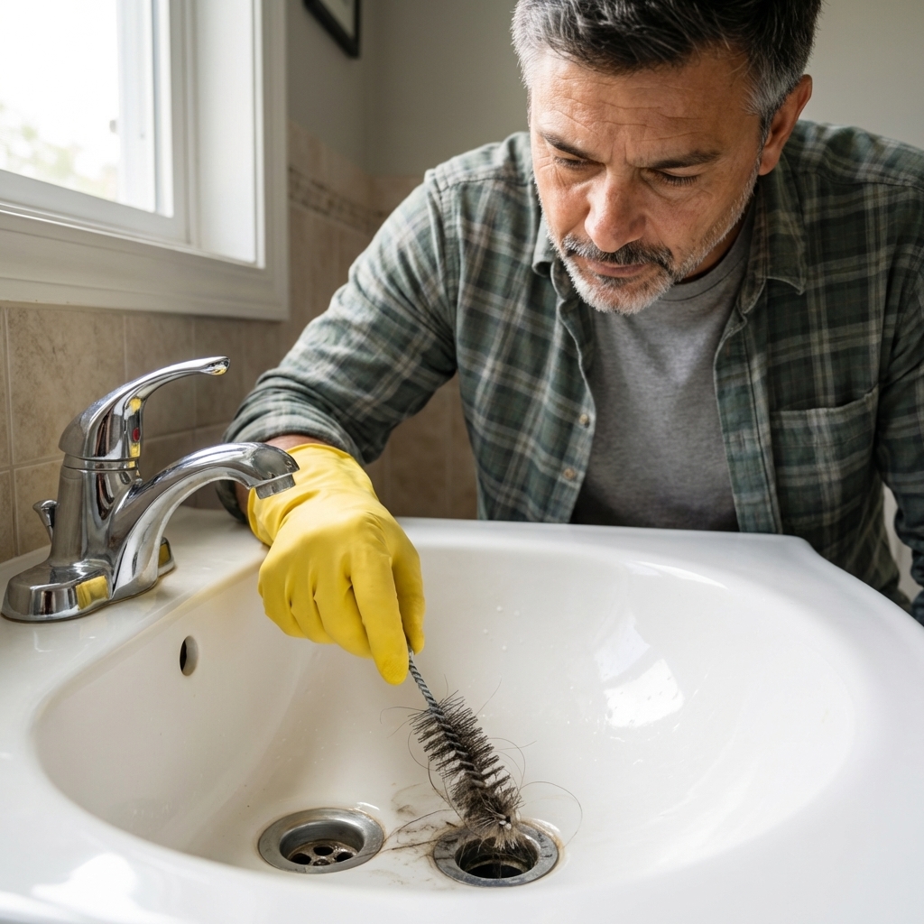 A real photo of a hand wearing a rubber glove using a drain brush inside a bathroom sink drain