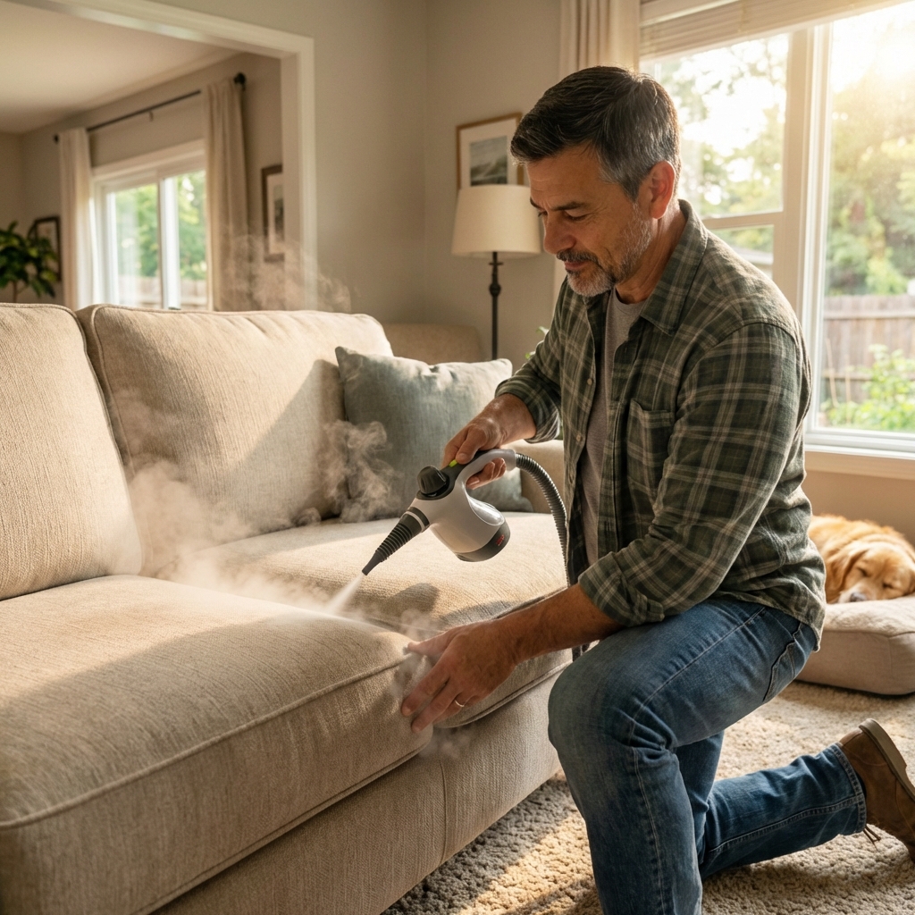 A real photo of a handheld steam cleaner being used on a couch seam in a living room