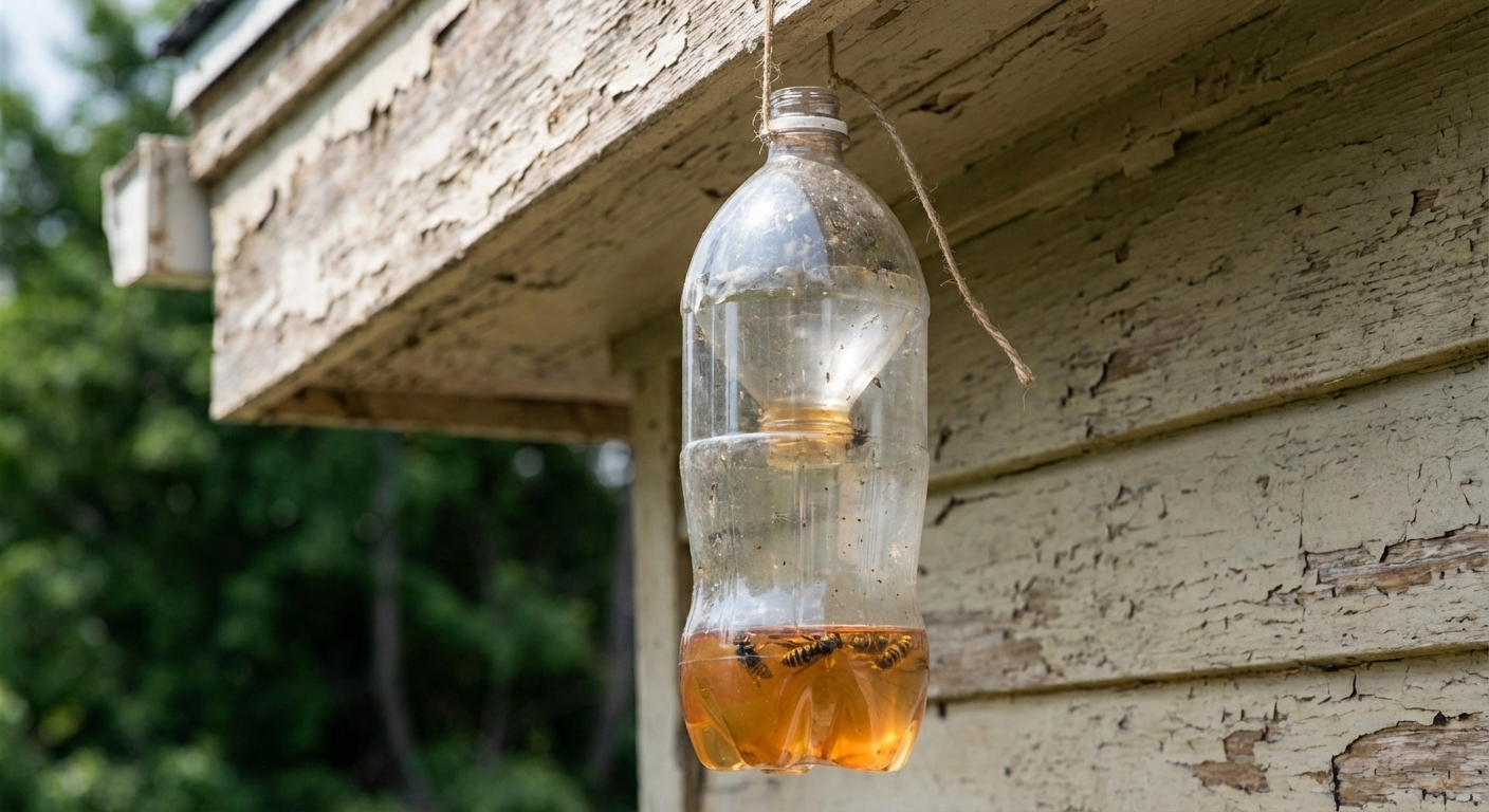 A real photo of a hanging bottle trap outdoors with a small amount of fruit juice bait inside