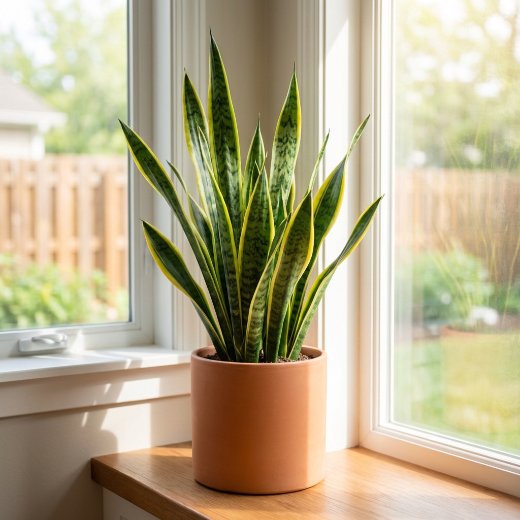 A real photo of a healthy snake plant in a simple pot sitting near a bright window indoors