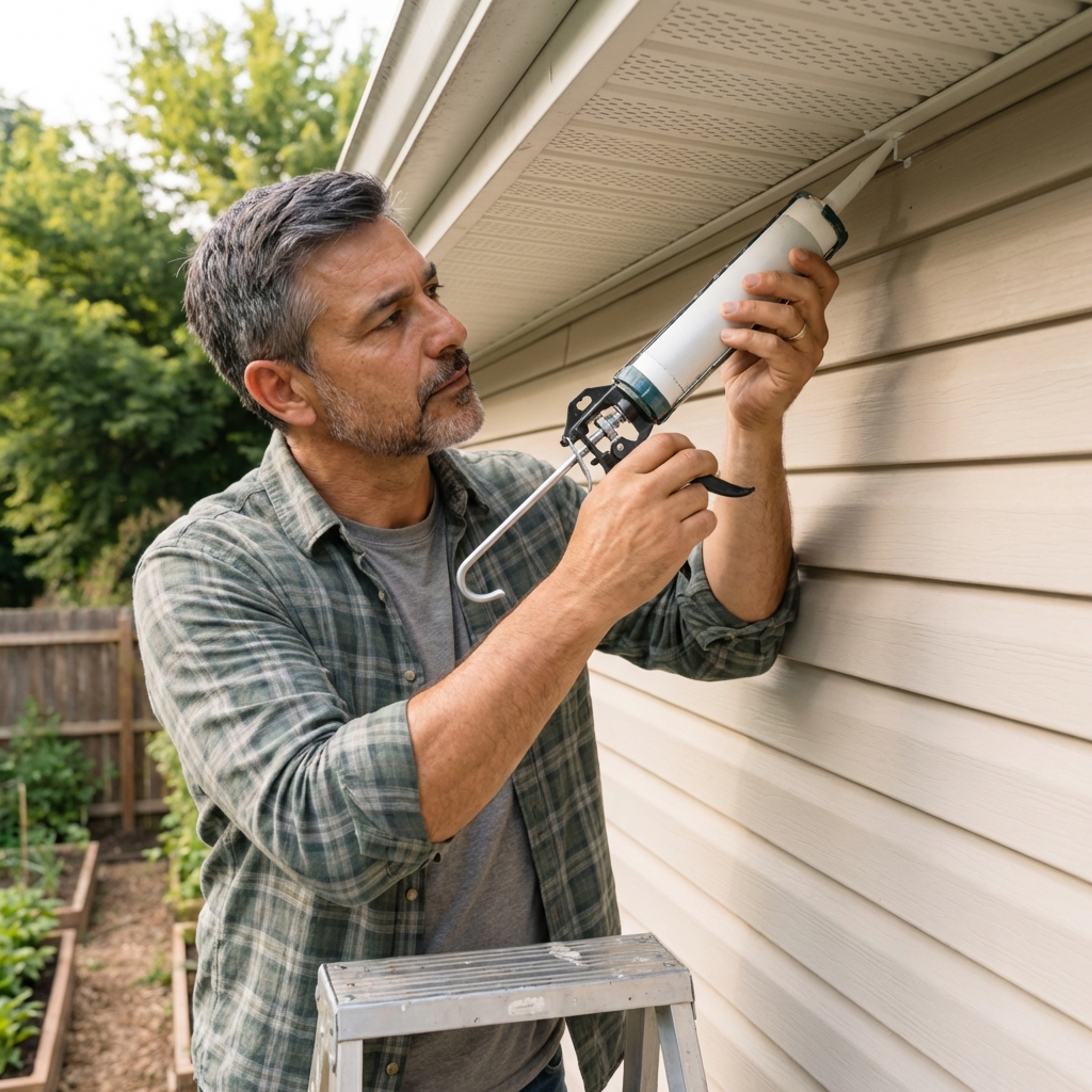A real photo of a homeowner applying exterior caulk along a soffit seam on a house in daylight