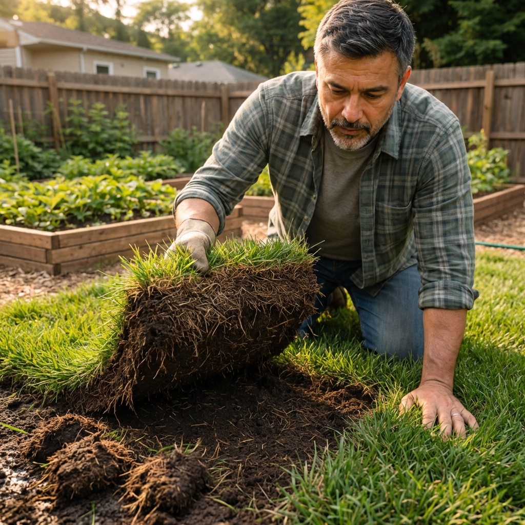 A real photo of a homeowner lifting a flap of turf to reveal damp thatch and soil beneath