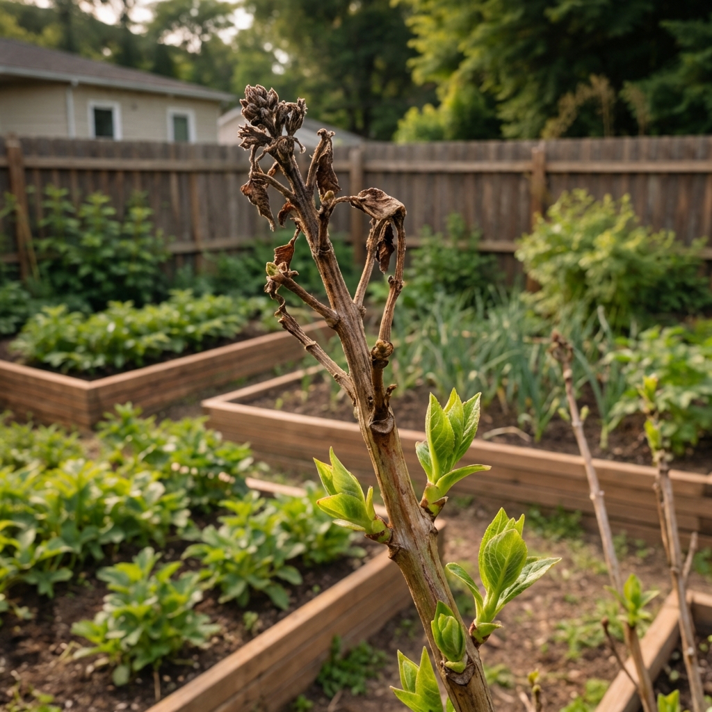 A real photo of a hydrangea stem tip with visible winter dieback in early spring next to new green shoots near the base
