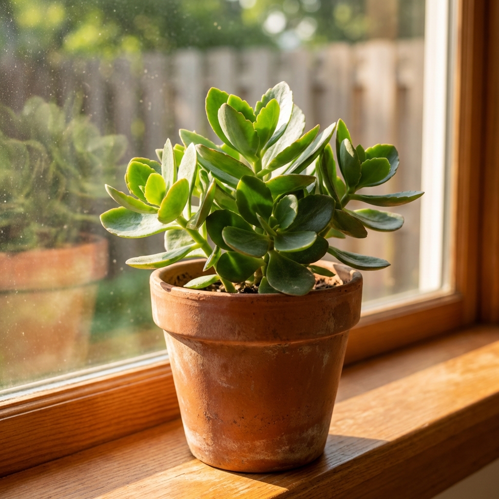A real photo of a kalanchoe plant with thick green leaves placed near a bright south-facing window with sunlight on the pot