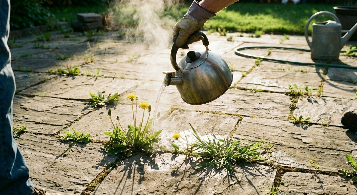 A real photo of a kettle pouring boiling water onto weeds in a driveway crack
