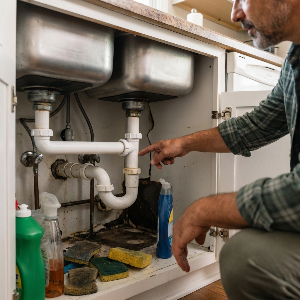 A real photo of a kitchen sink cabinet opened to show the underside of the sink and corners where pests hide