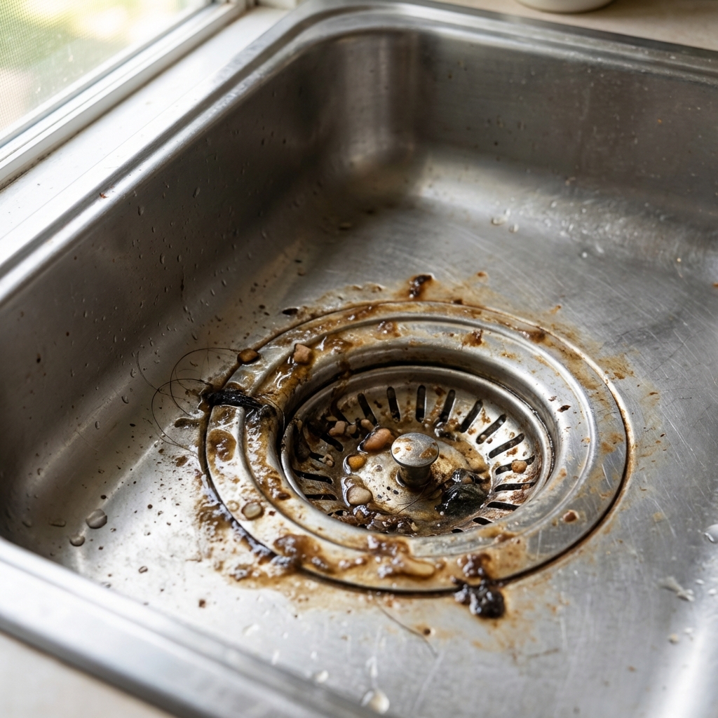 A real photo of a kitchen sink drain with visible organic buildup around the drain opening