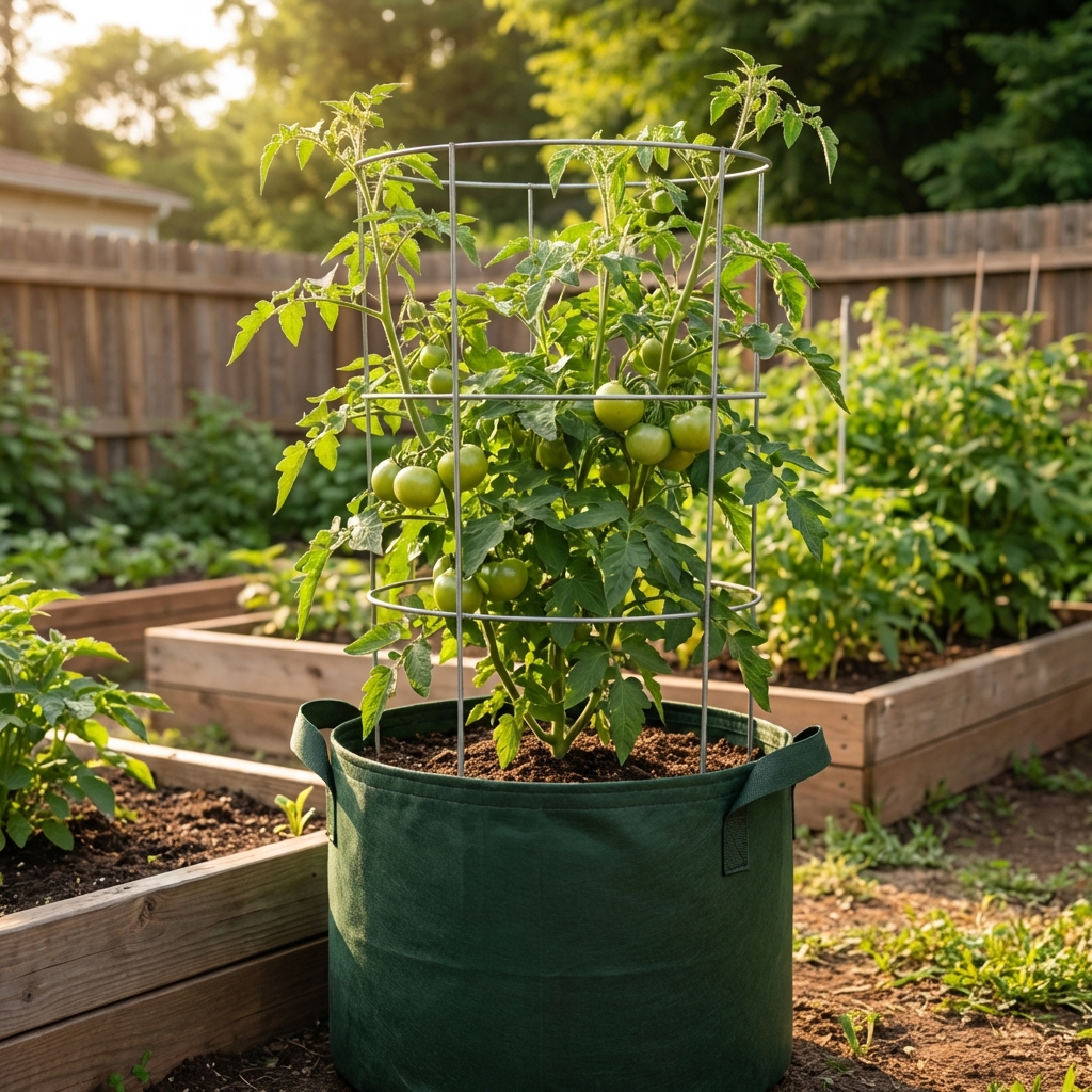 A real photo of a large fabric grow bag with a tomato plant supported by a metal cage in a sunny backyard