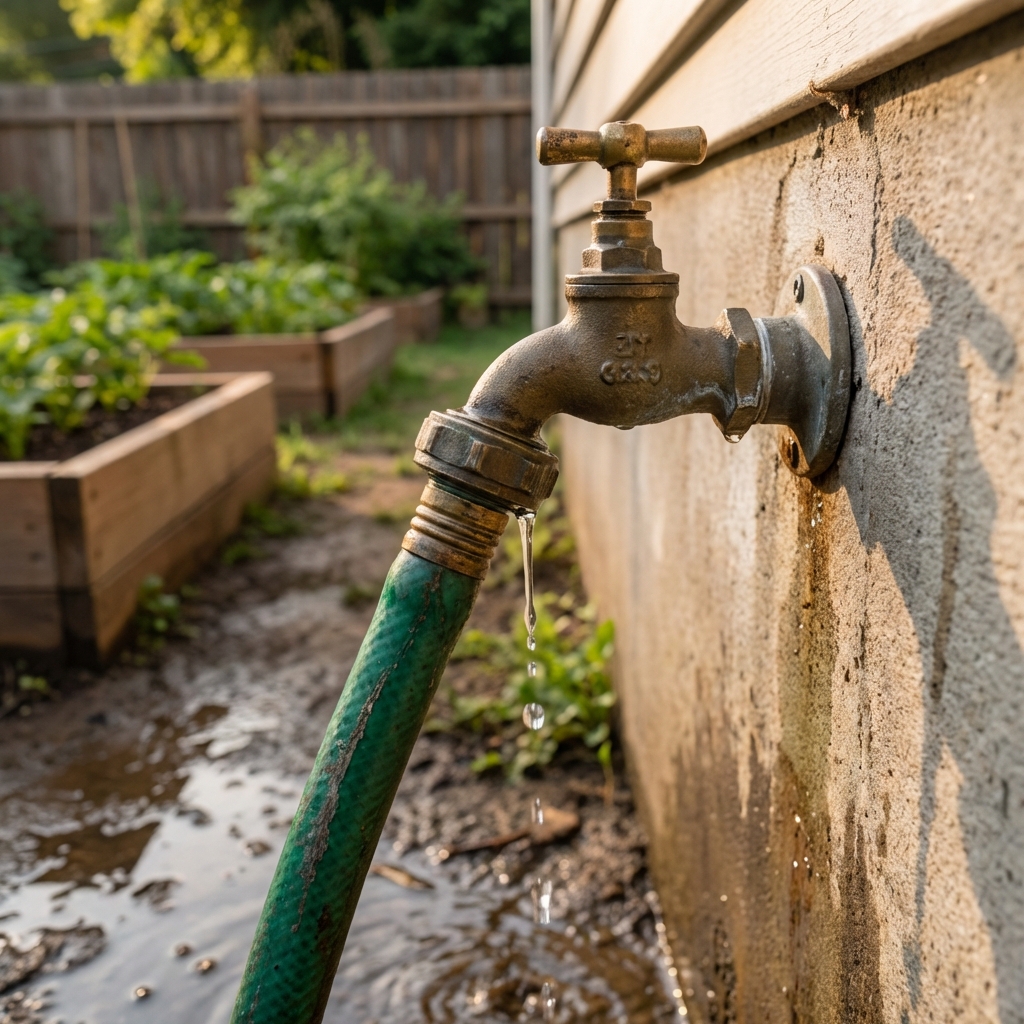 A real photo of a leaky outdoor spigot with a hose attached next to a garden wall