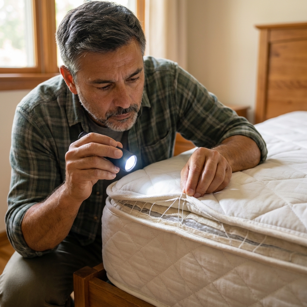 A real photo of a mattress corner with the seam pulled back, showing a person inspecting the stitching with a flashlight